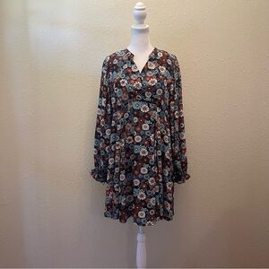 Umgee Women’s Navy Mint Floral Copper Thread Long Sleeve Boho Babydoll Dress S